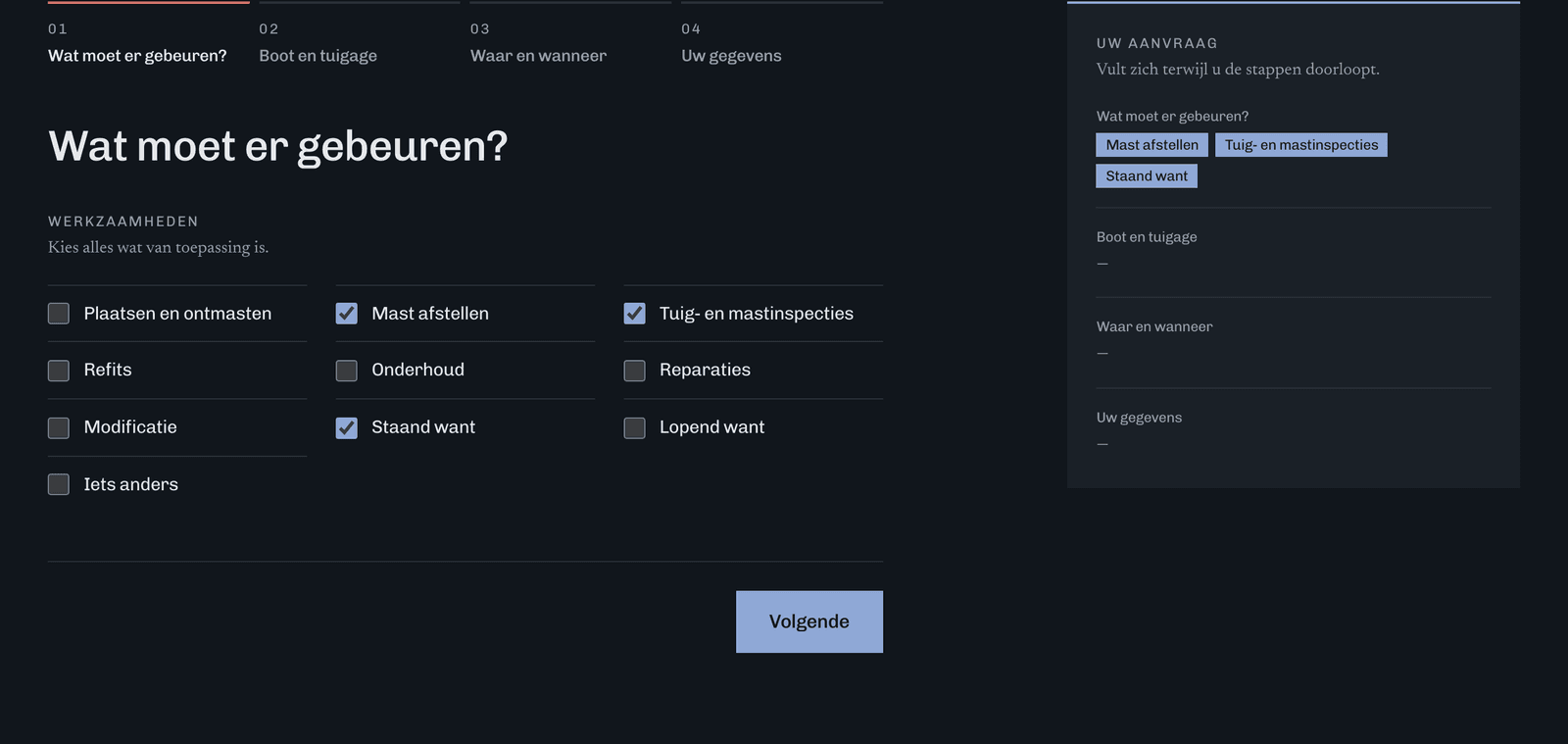 Stap 1 van de offerteaanvraag: werkzaamheden aanvinken, met rechts de samenvatting die zich vult