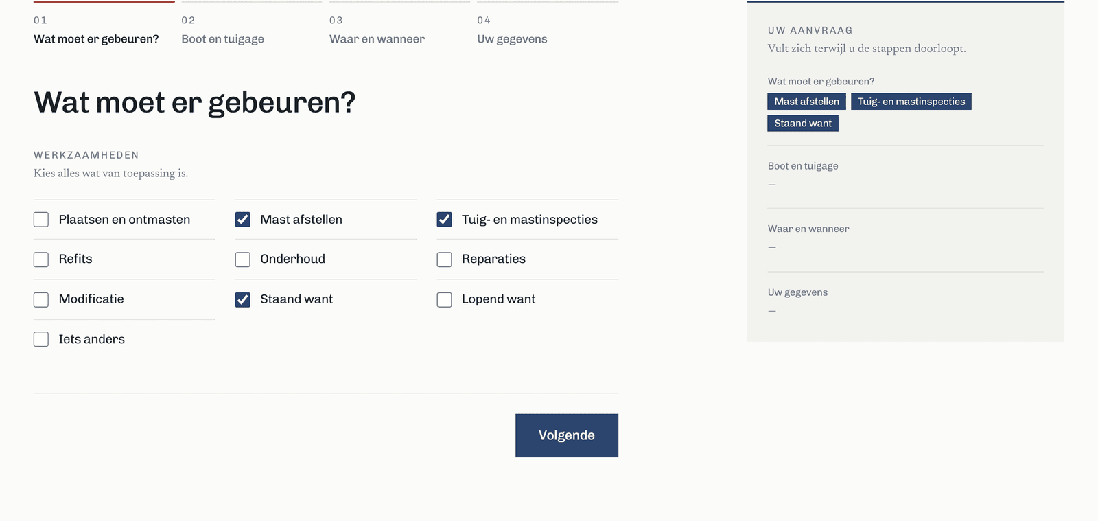 Stap 1 van de offerteaanvraag: werkzaamheden aanvinken, met rechts de samenvatting die zich vult