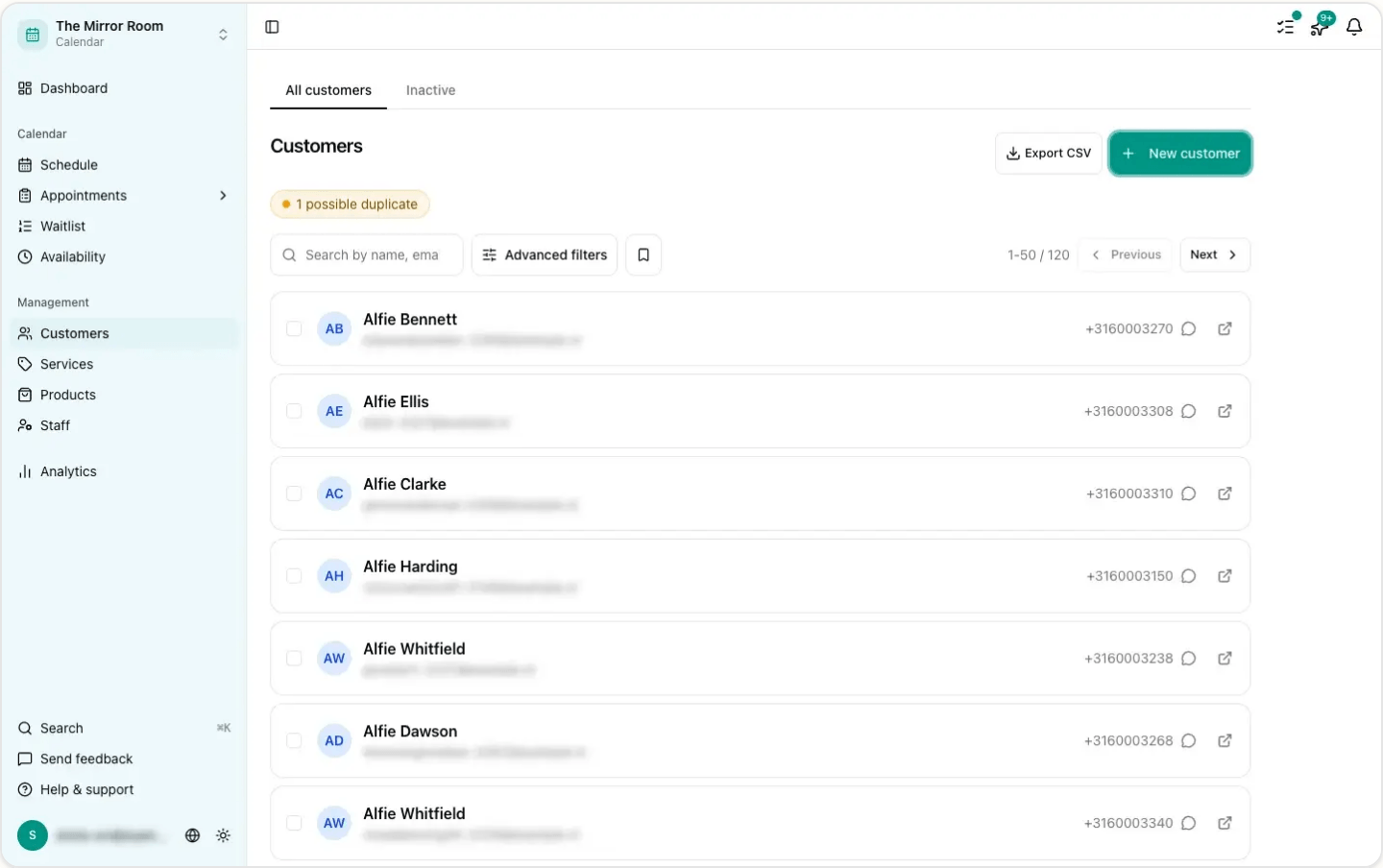 The customer list in Stippa with names and phone numbers, and a notice about a possible duplicate at the top