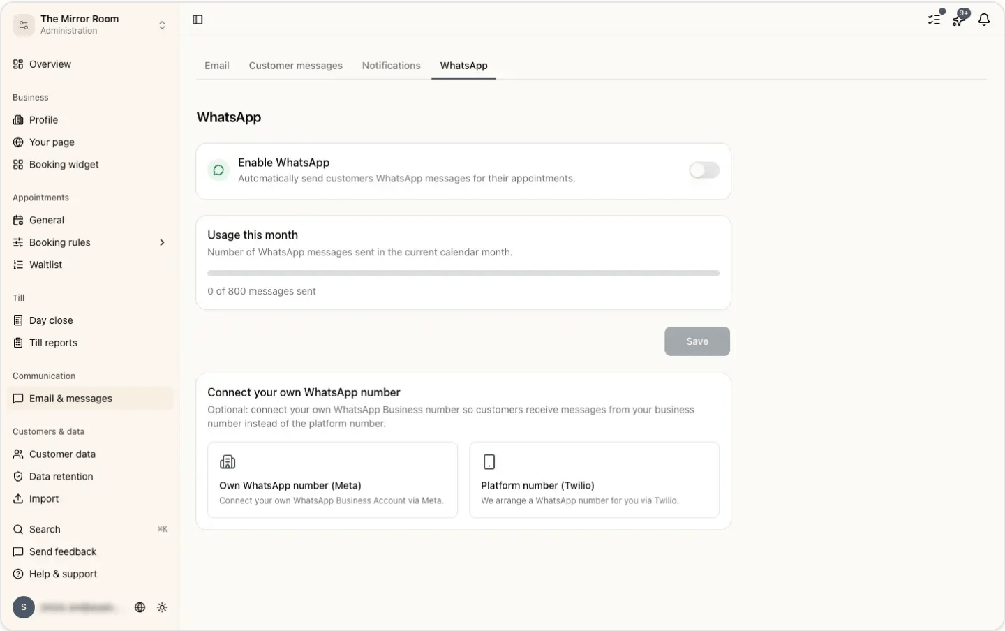 The WhatsApp screen in Stippa's settings, with the switch to turn WhatsApp on