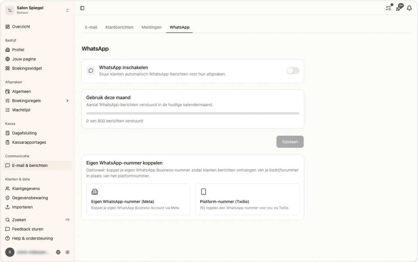 Het WhatsApp-scherm in de instellingen van Stippa, met de schakelaar om WhatsApp in te schakelen