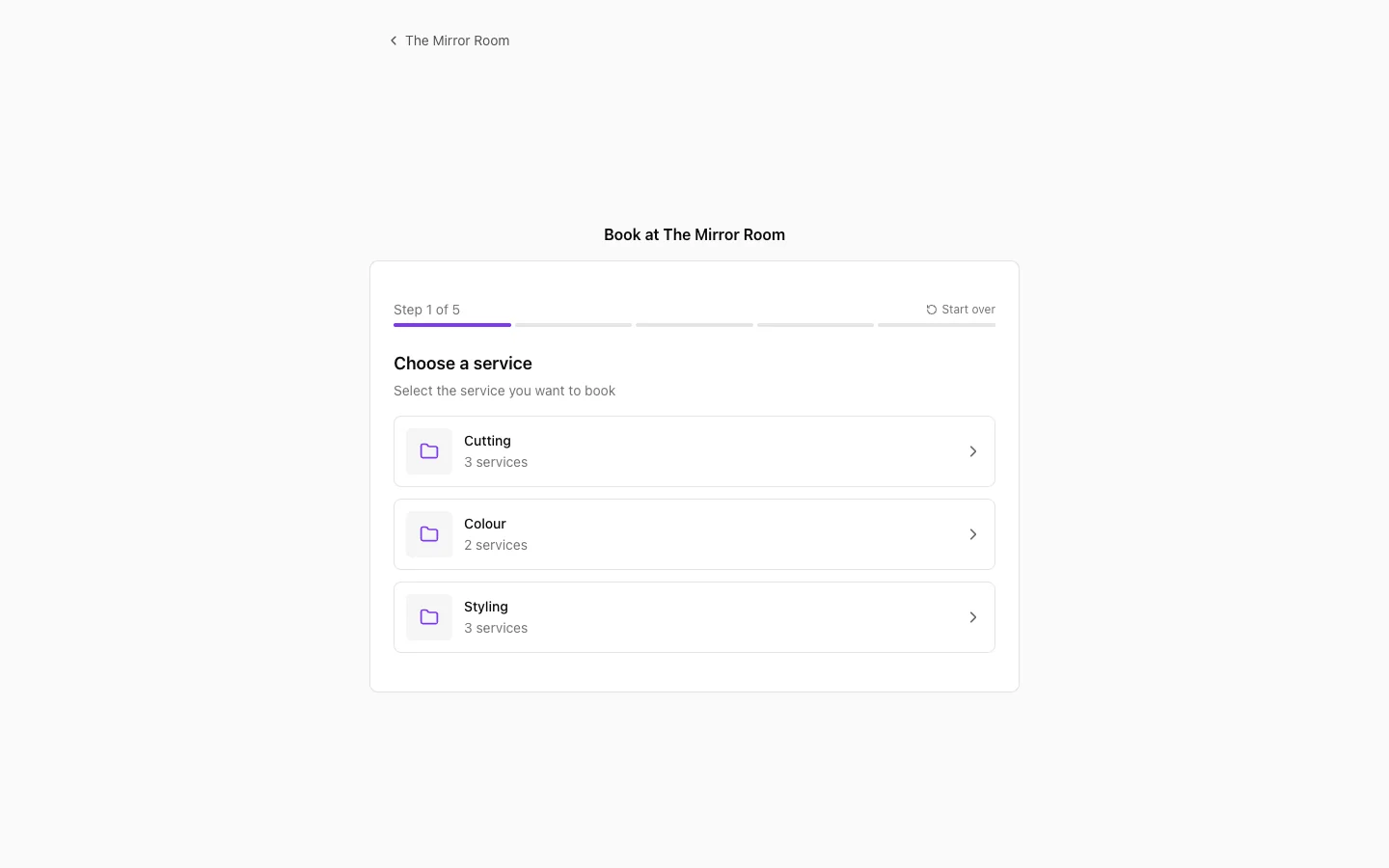 A salon's online booking page in Stippa, step 1 of 5: choose a service
