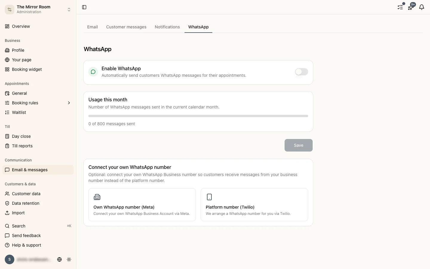 The WhatsApp settings in Stippa: turning on WhatsApp messages, this month's usage and optionally connecting your own WhatsApp number