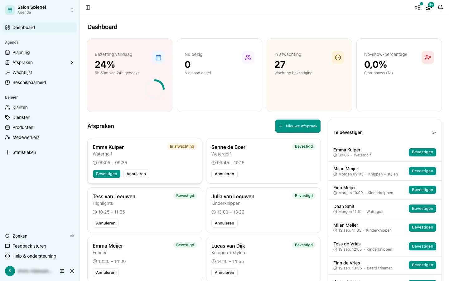 Het dashboard van een salon in Stippa: de bezetting van vandaag, de afspraken van de dag en een lijst met afspraken die nog bevestigd moeten worden