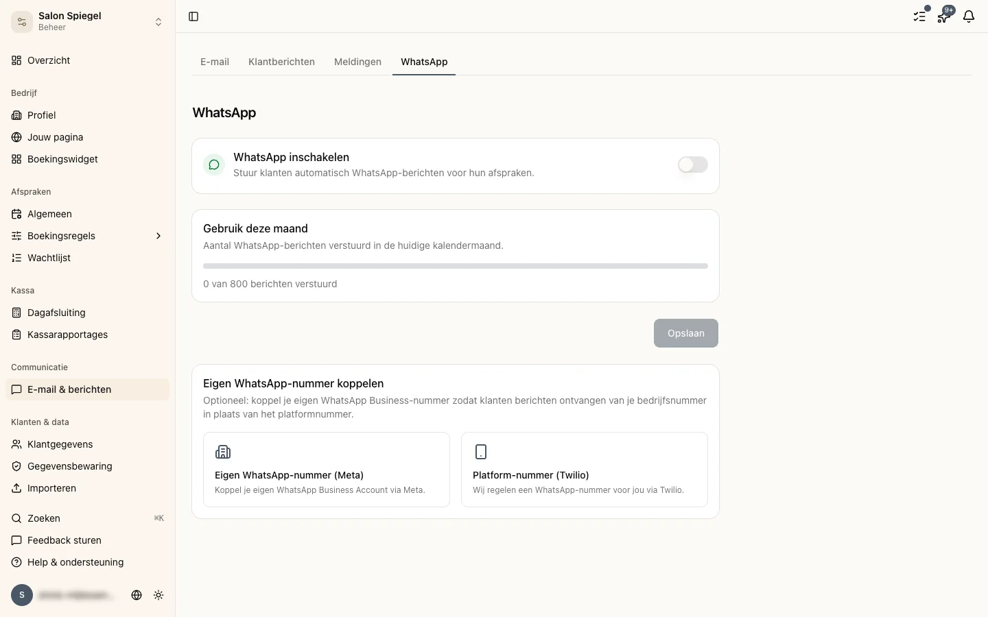 De WhatsApp-instellingen in Stippa: WhatsApp-berichten aanzetten, het verbruik van deze maand en optioneel een eigen WhatsApp-nummer koppelen