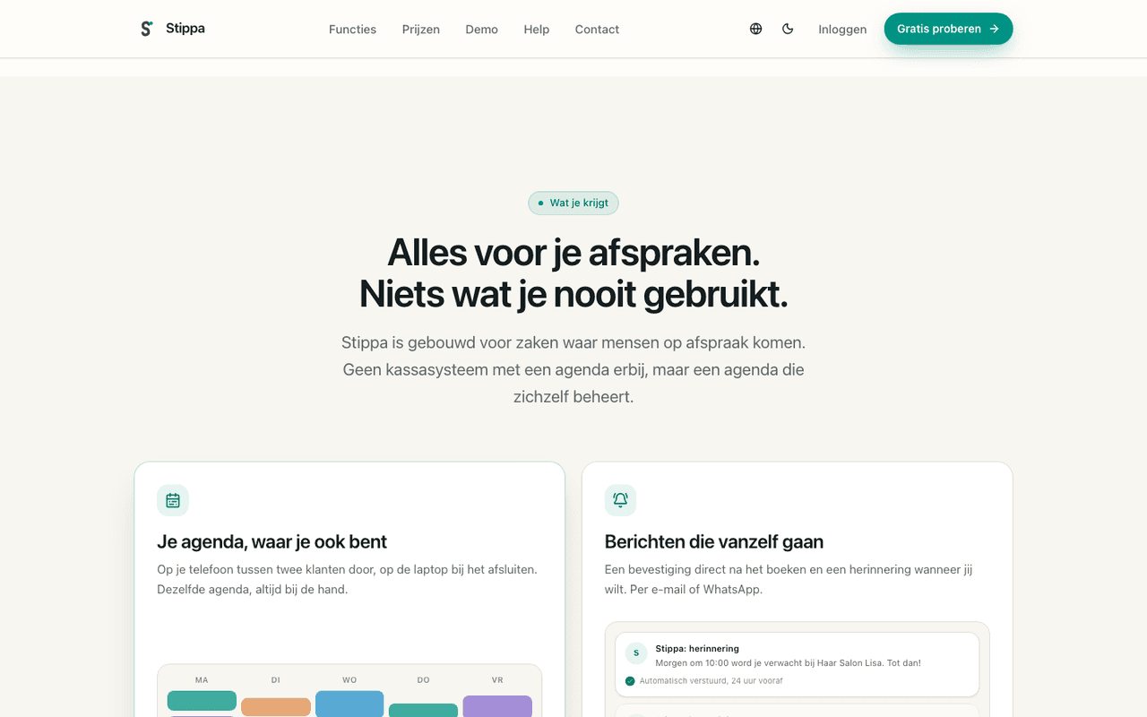 Het functie-overzicht op stippa.nl, met de agenda en automatische herinneringen