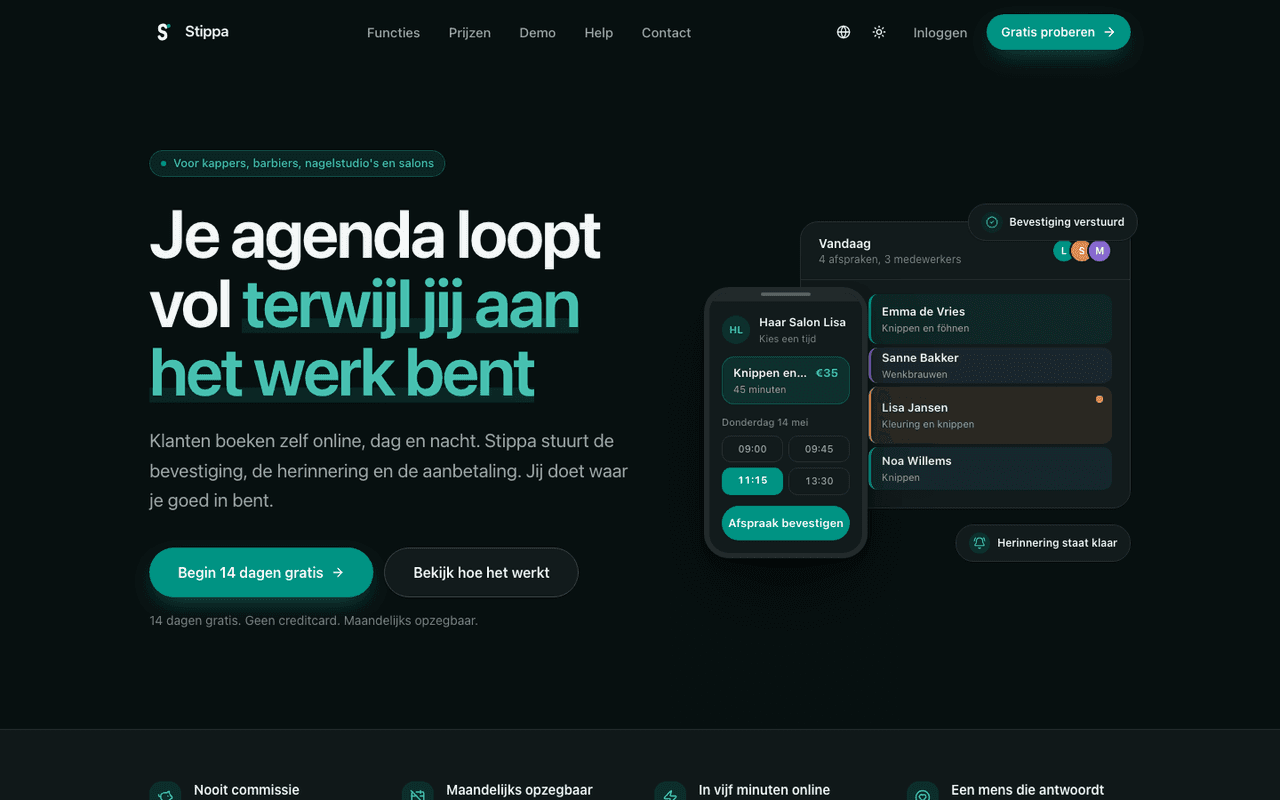 De homepage van stippa.nl op een laptop: de kop ‘Je agenda loopt vol terwijl jij aan het werk bent’ naast een voorbeeld van de dagagenda en het boekscherm