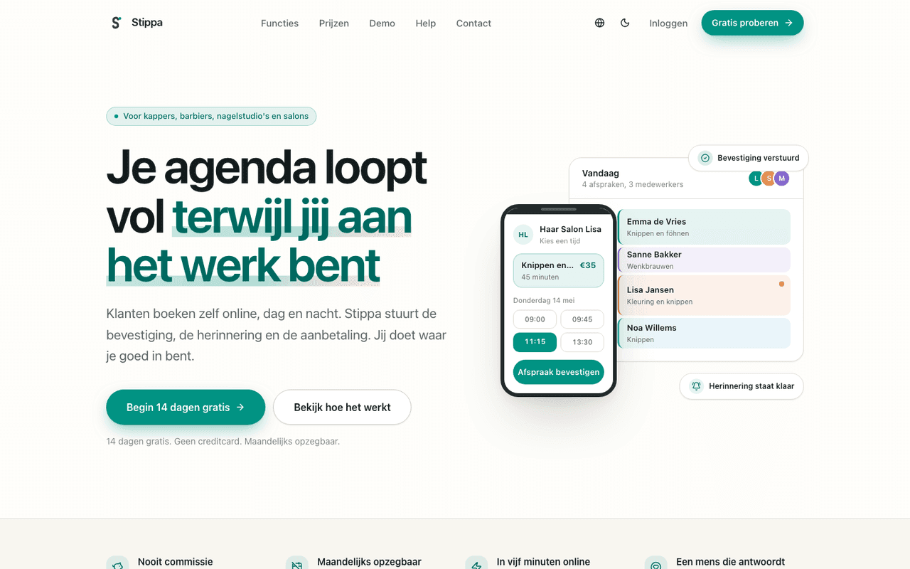 De homepage van stippa.nl op een laptop: de kop ‘Je agenda loopt vol terwijl jij aan het werk bent’ naast een voorbeeld van de dagagenda en het boekscherm